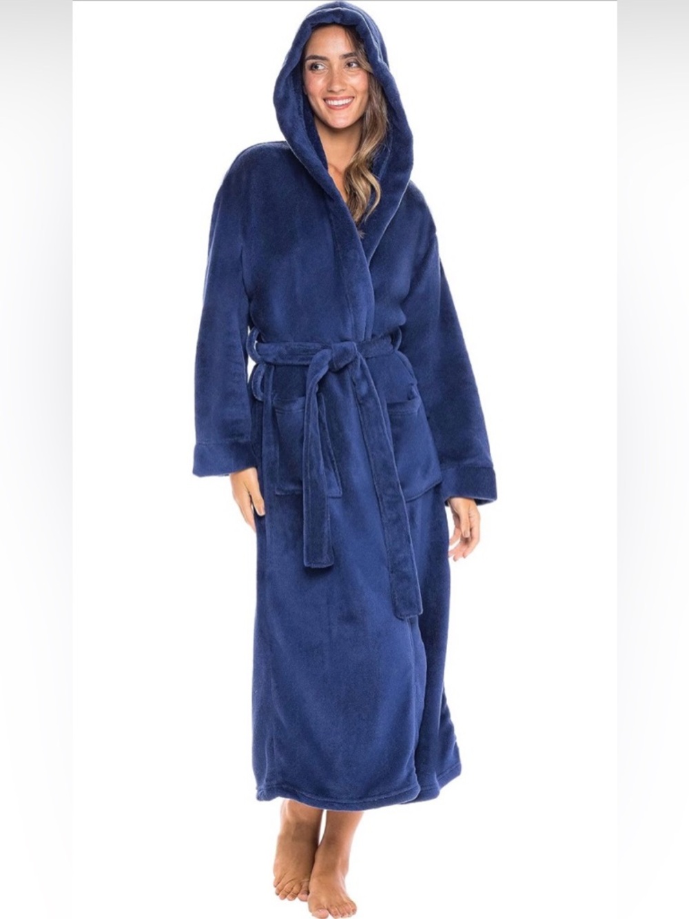 Plush Hooded Long Robe - Navy